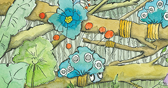 Watercolour illustration of flowers and tree branches. From the book The Molliebird.