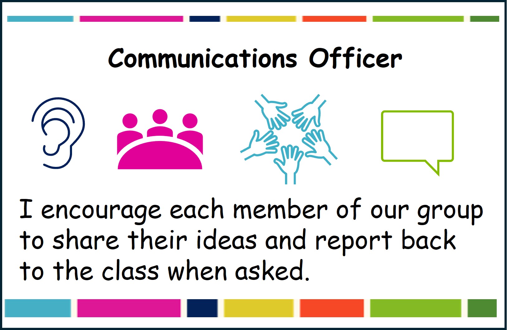 Communications Officer card showing icons indicating listen, group work, collaboration, talk