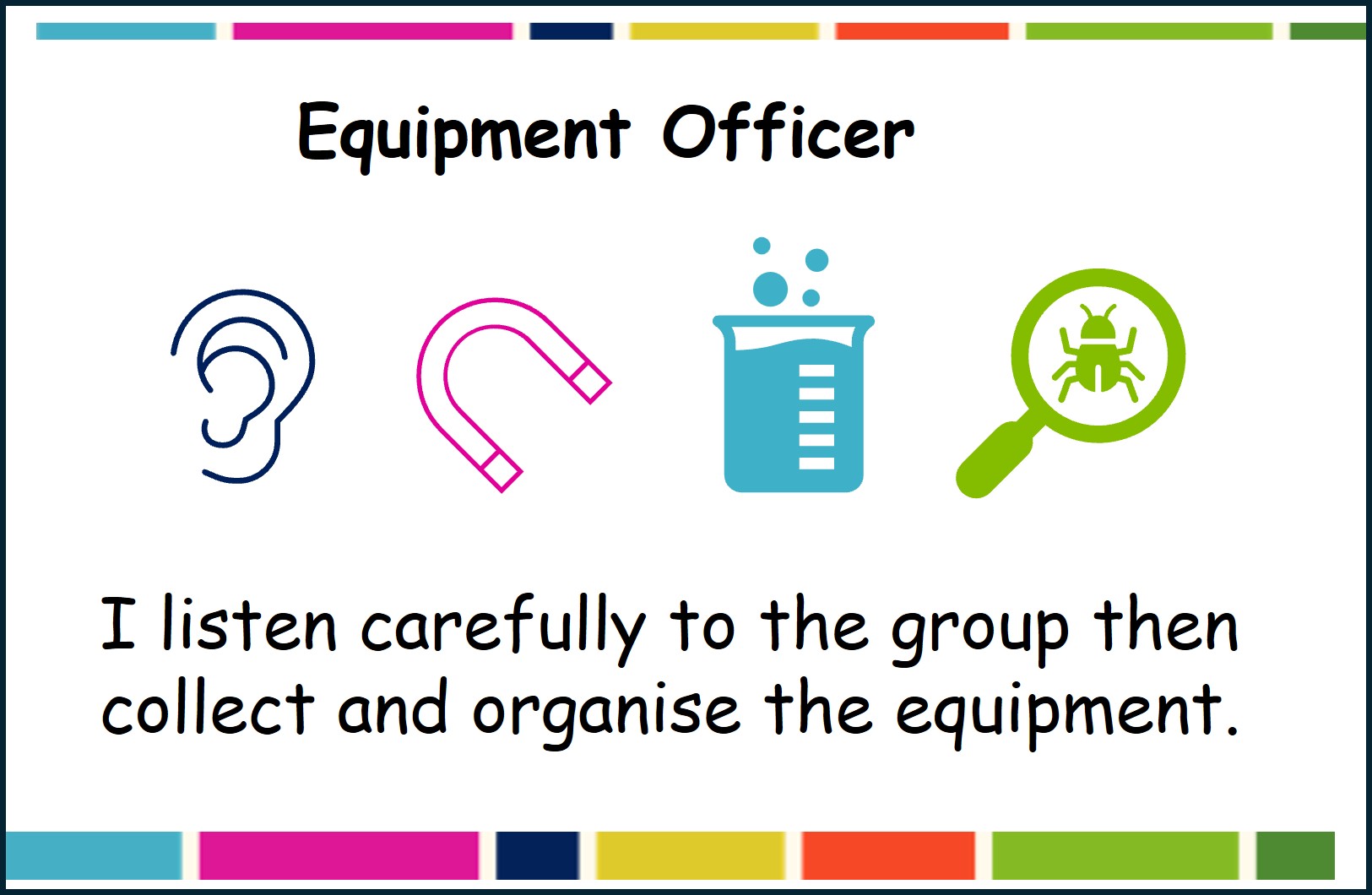 Equipment Officer card showing icons indicating listen, magnet, beaker, magnifier